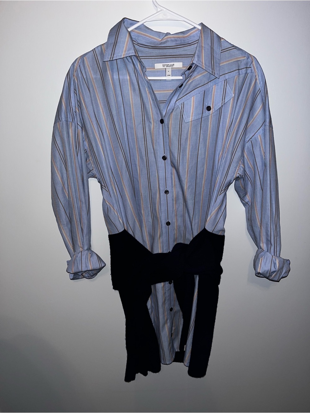 Derek L Crosby 10 Shirt Dress Light Blue Striped Button down with knit tie